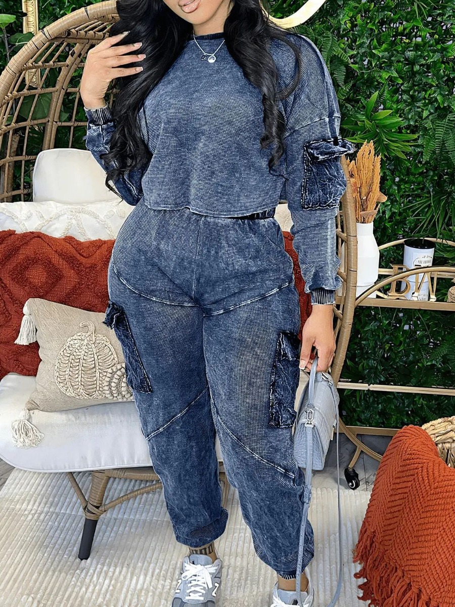 LovelyWholesale Round Neck Side Pocket Pants Set Fall Long Sleeve Street Pocket Design Round Neck Spring Summer 2024