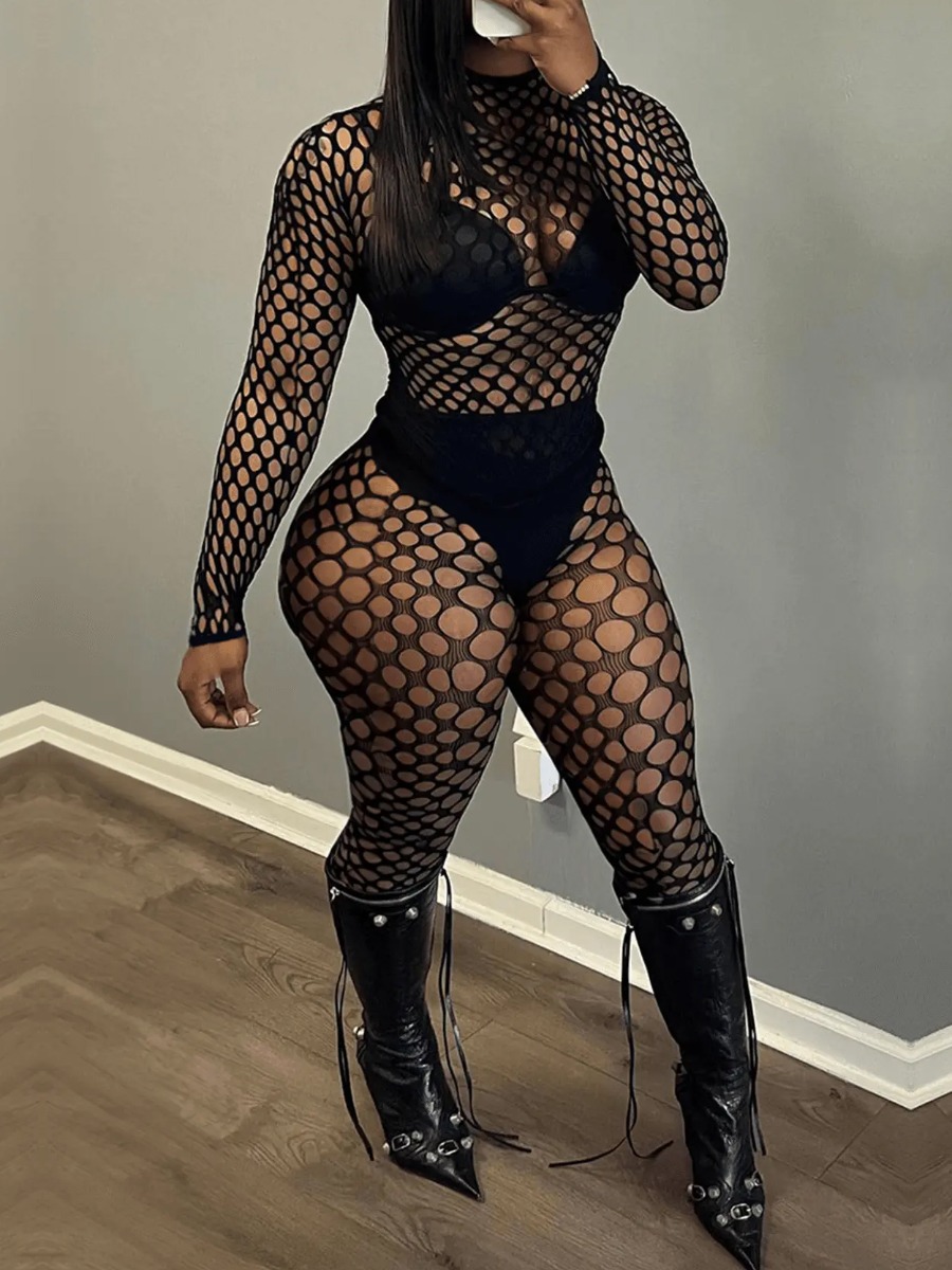 LW SXY Plus Size Mesh Pierced Skinny Jumpsuit