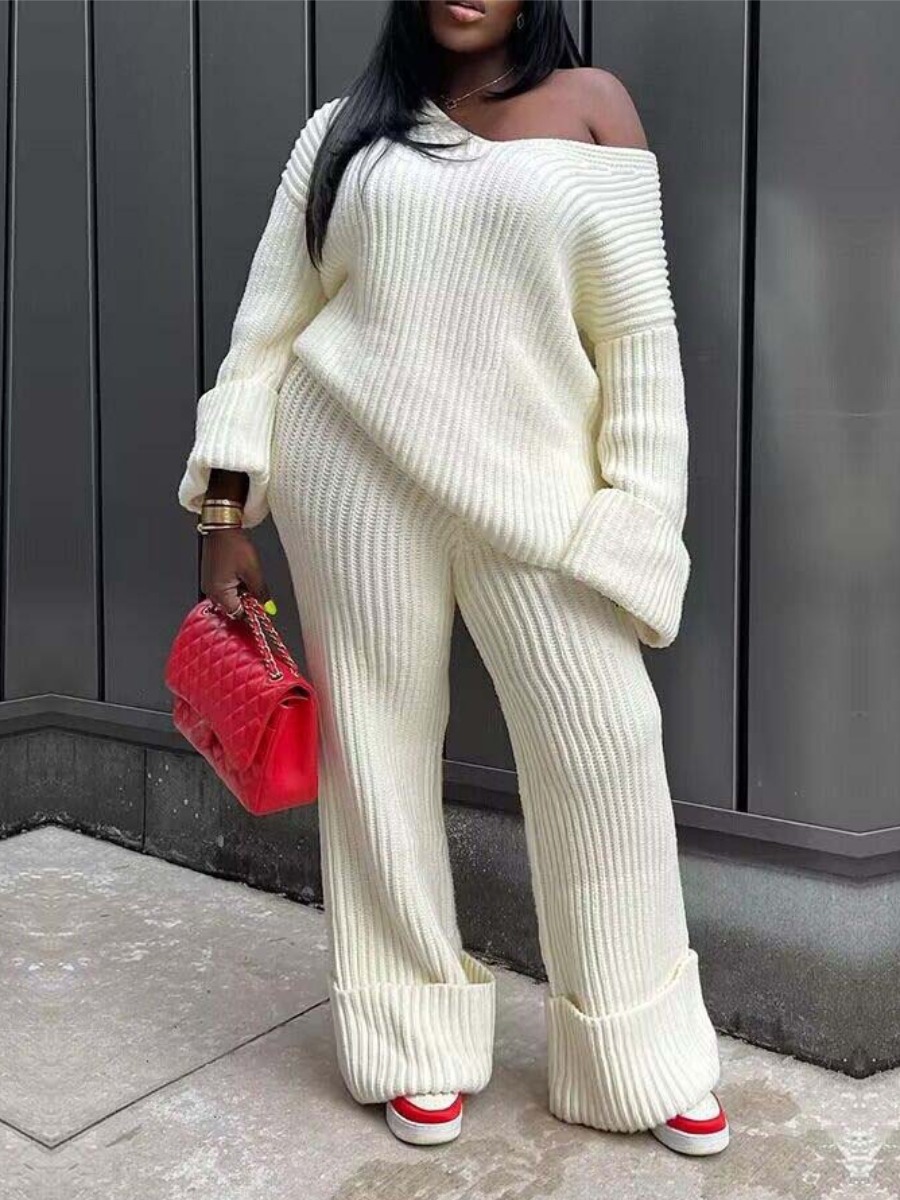 LovelyWholesale BASICS Plus Size Dropped Shoulder Rib Knit Loose Pants Set Fall Long Sleeve Casual Basic V Neck  3X Spring Summer 2024