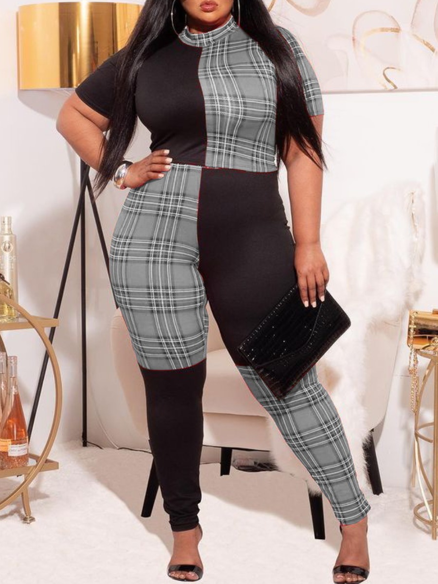 LW Plus Size Pattern Plaid Skinny Jumpsuit