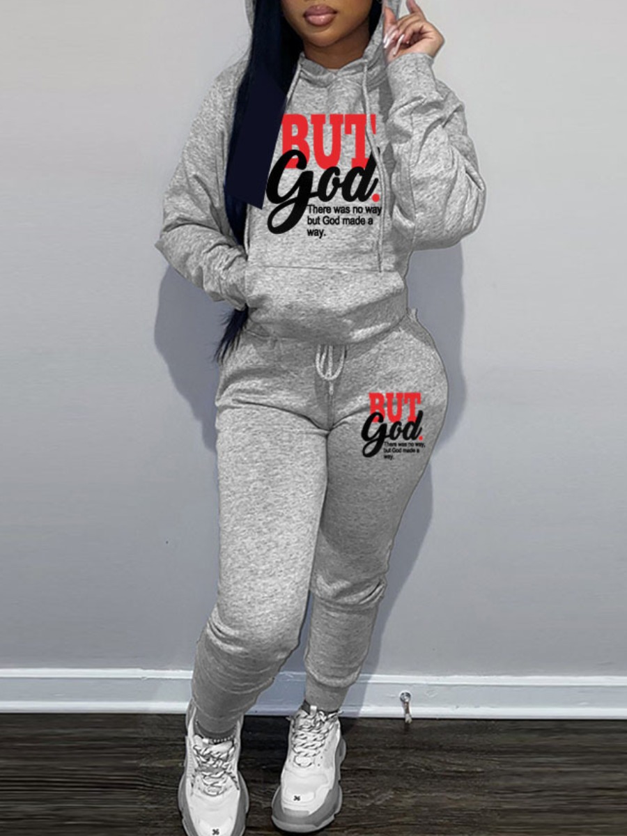 LW Plus Size Letter Print Kangaroo Pocket Tracksui