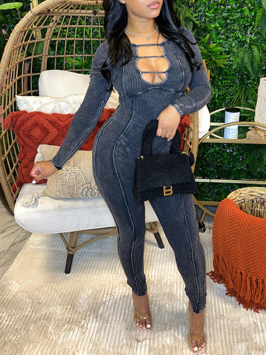 LovelyWholesale Rib Knit Stretchy Skinny Jumpsuit Fall Long Sleeve Casual Distressed Notch Neck Spring Summer 2024