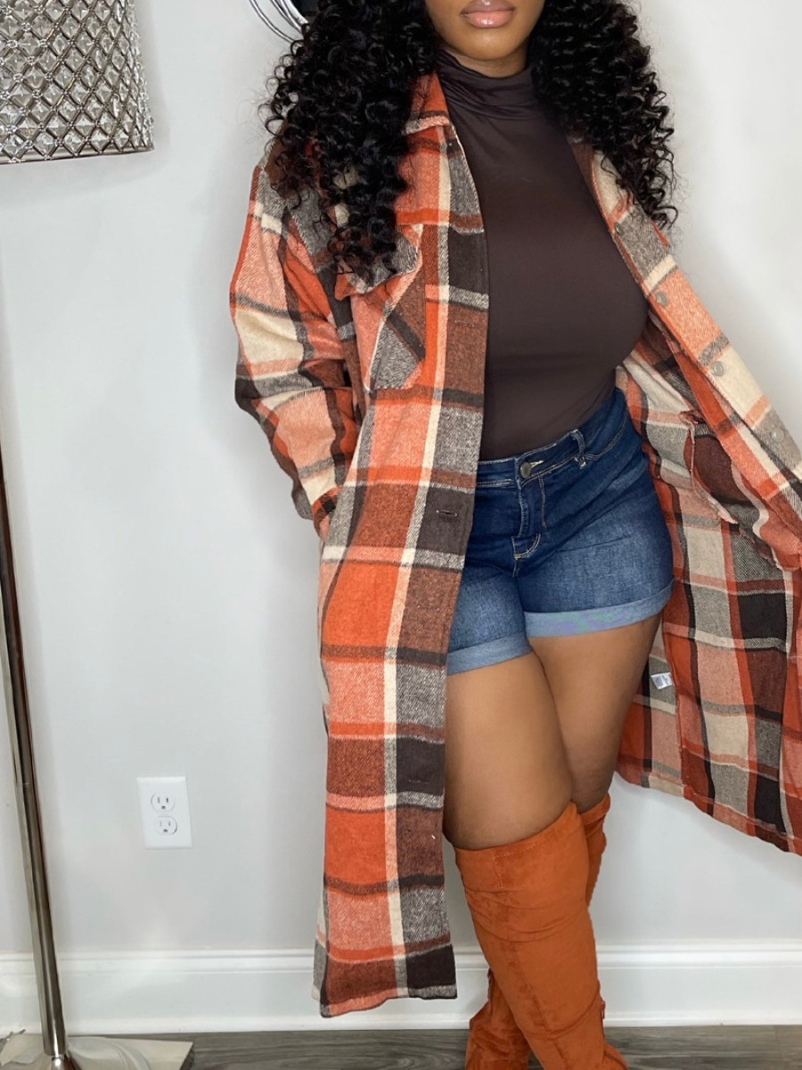 LW Plus Size Plaid Print Pocket Design Trench Coat