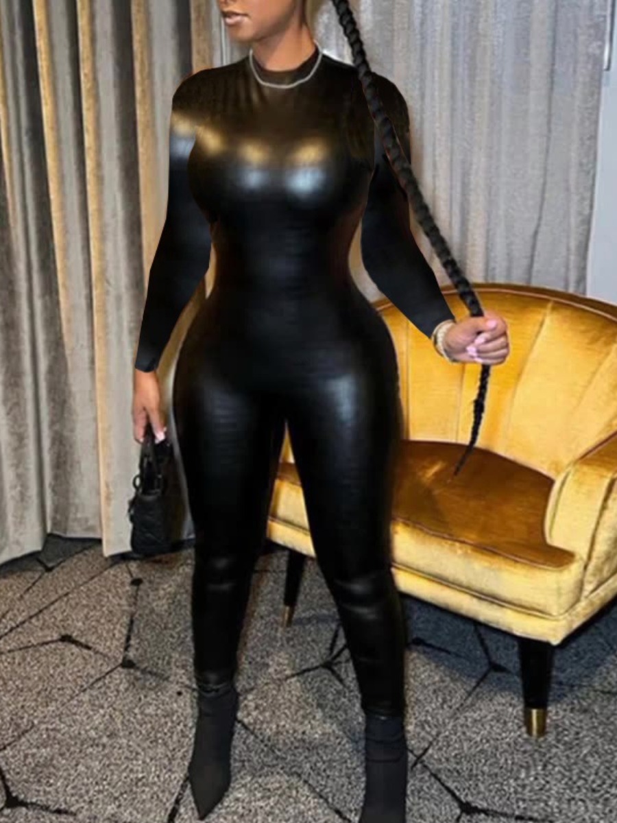 LovelyWholesale Faux Leather Zipper Design Skinny Jumpsuit Fall Long Sleeve Casual Zipper Design Round Neck Spring Summer 2024