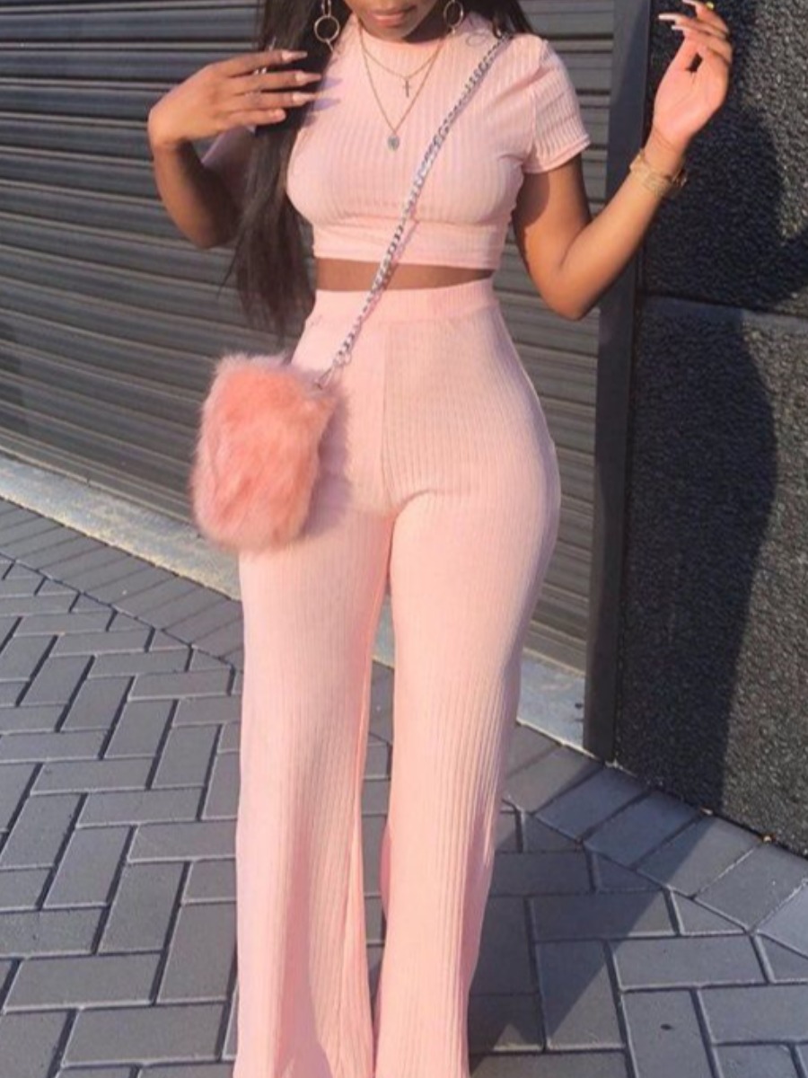 LovelyWholesale BASICS Crop Top Rib Knit Flared Pants Set Spring Short Sleeve Casual Crop Top Round Neck Spring Summer 2024