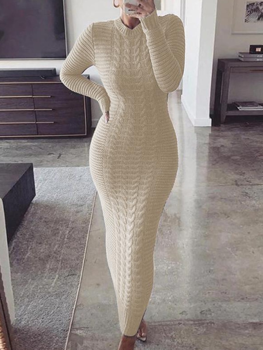 LovelyWholesale BASICS Plus Size Round Neck Bodycon Dress Fall Long Sleeve Casual Basic Round Neck  3X Spring Summer 2024