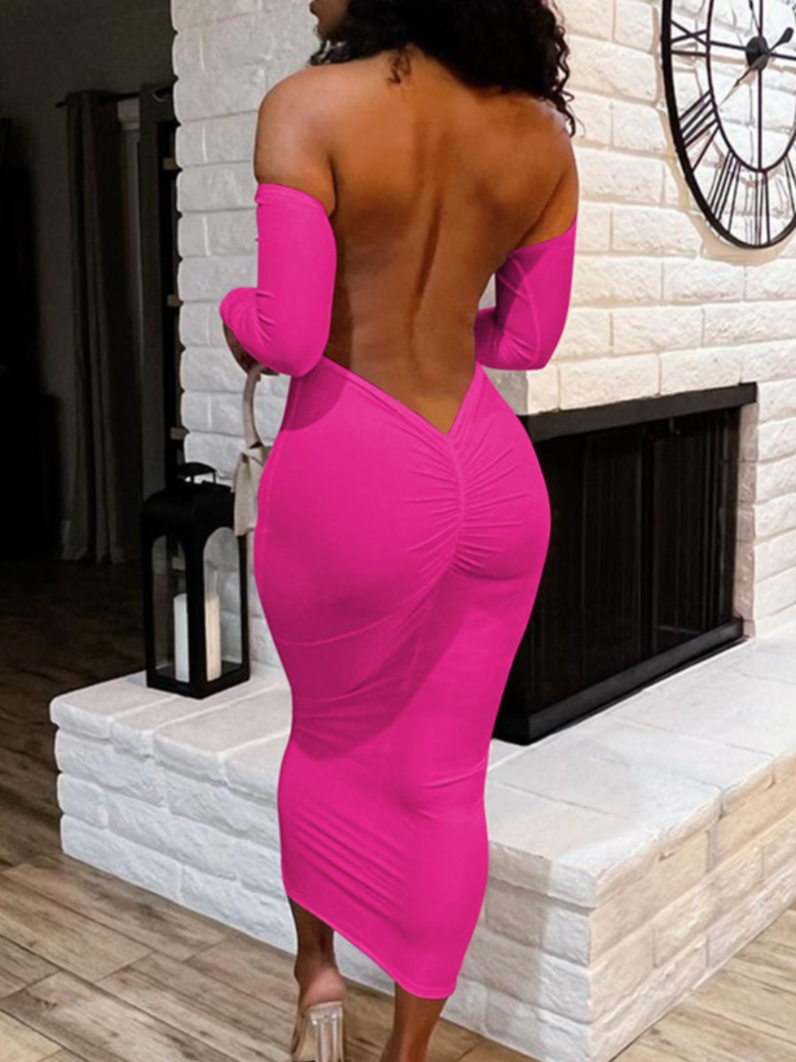 LovelyWholesale SXY Backless Ruched Bodycon Dress Fall Long Sleeve Sxy Conventional Collar Spring Summer 2024