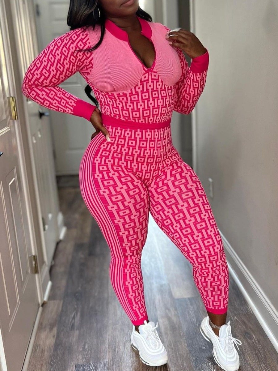 LovelyWholesale Zipper Design Pattern Print Skinny Pants Set Fall Long Sleeve Casual Round Neck Spring Summer 2024