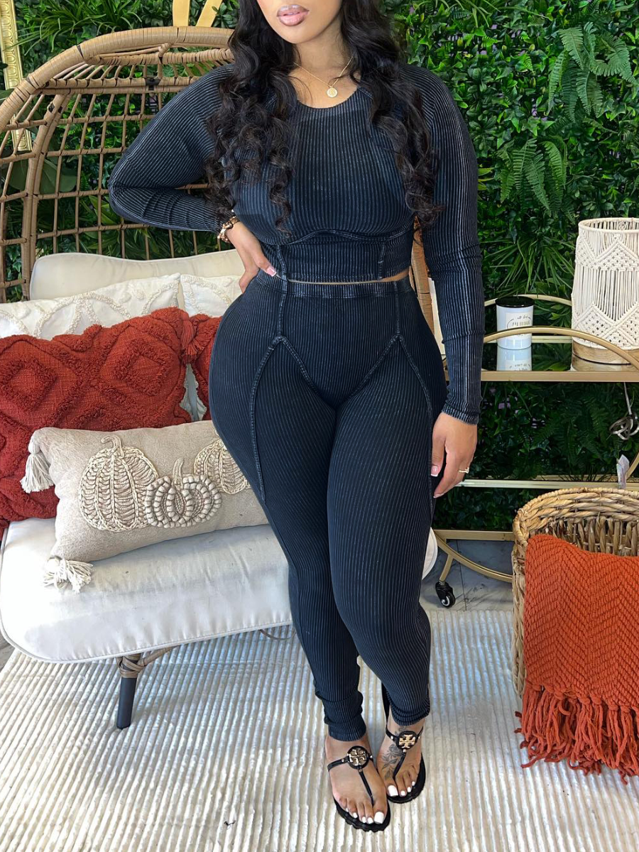 LovelyWholesale BASICS Rib Knit Skinny Pants Set Fall Long Sleeve Casual Solid Color Round Neck Spring Summer 2024