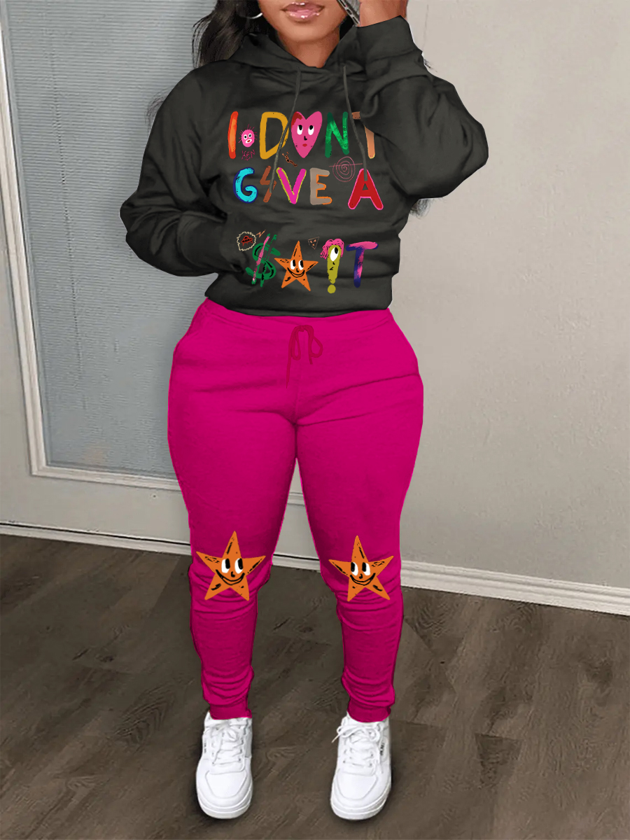 LW Cartoon Letter Print Kangaroo Pocket Tracksuit Set