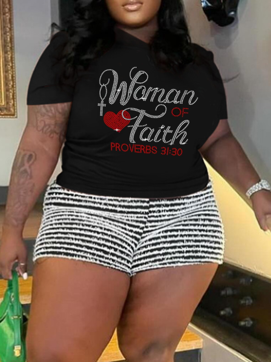 LovelyWholesale Plus Size Heart Letter Decor T-shirt Summer Short Sleeve Street Rhinestone Round Neck  5X Spring Summer 2024