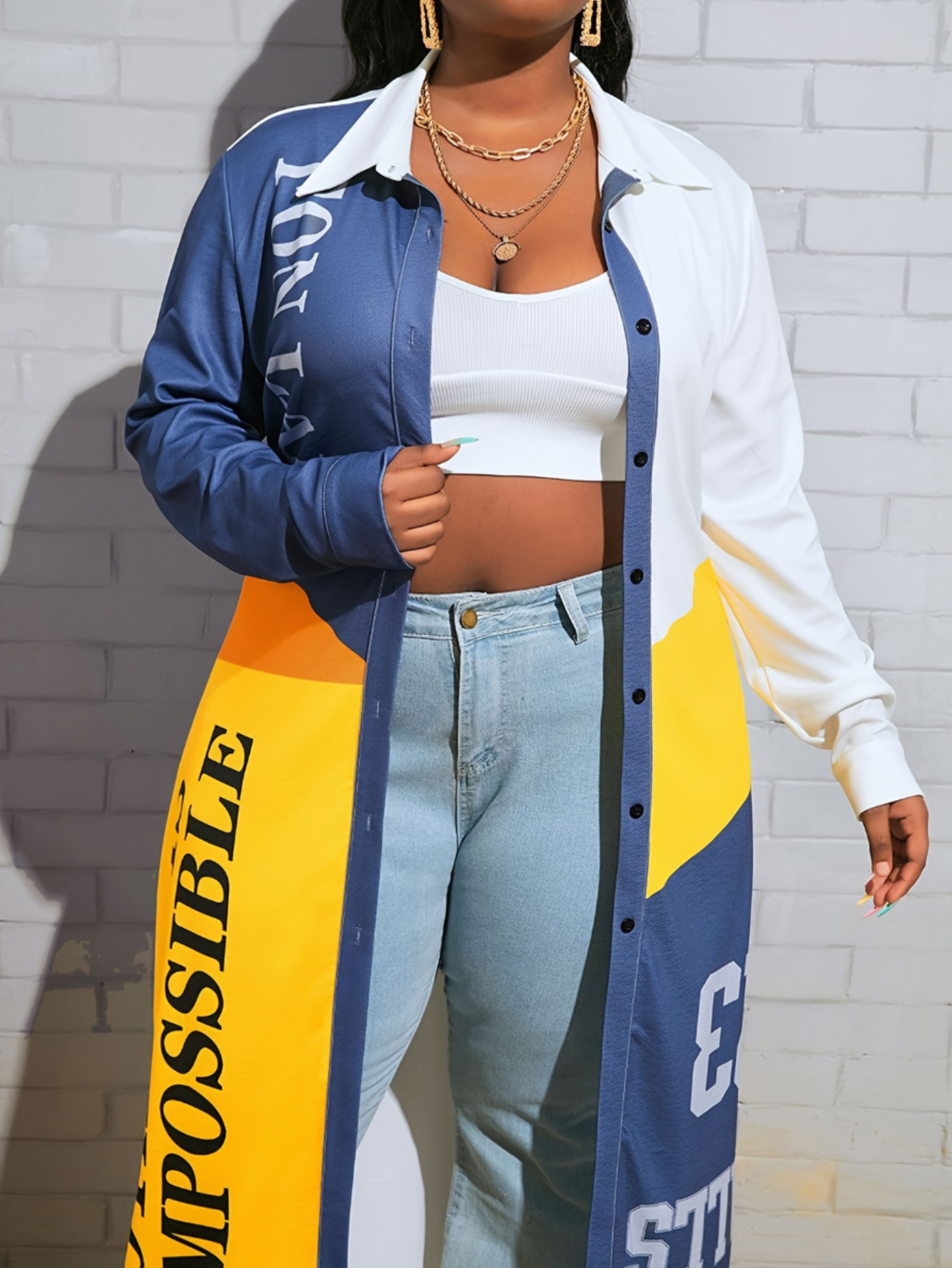 LW Plus Size Letter Print Patchwork Coat