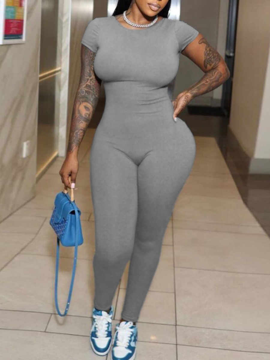 LovelyWholesale BASICS Round Neck Skinny Jumpsuit Spring|Summer Short Sleeve Casual None Round Neck Spring Summer 2024