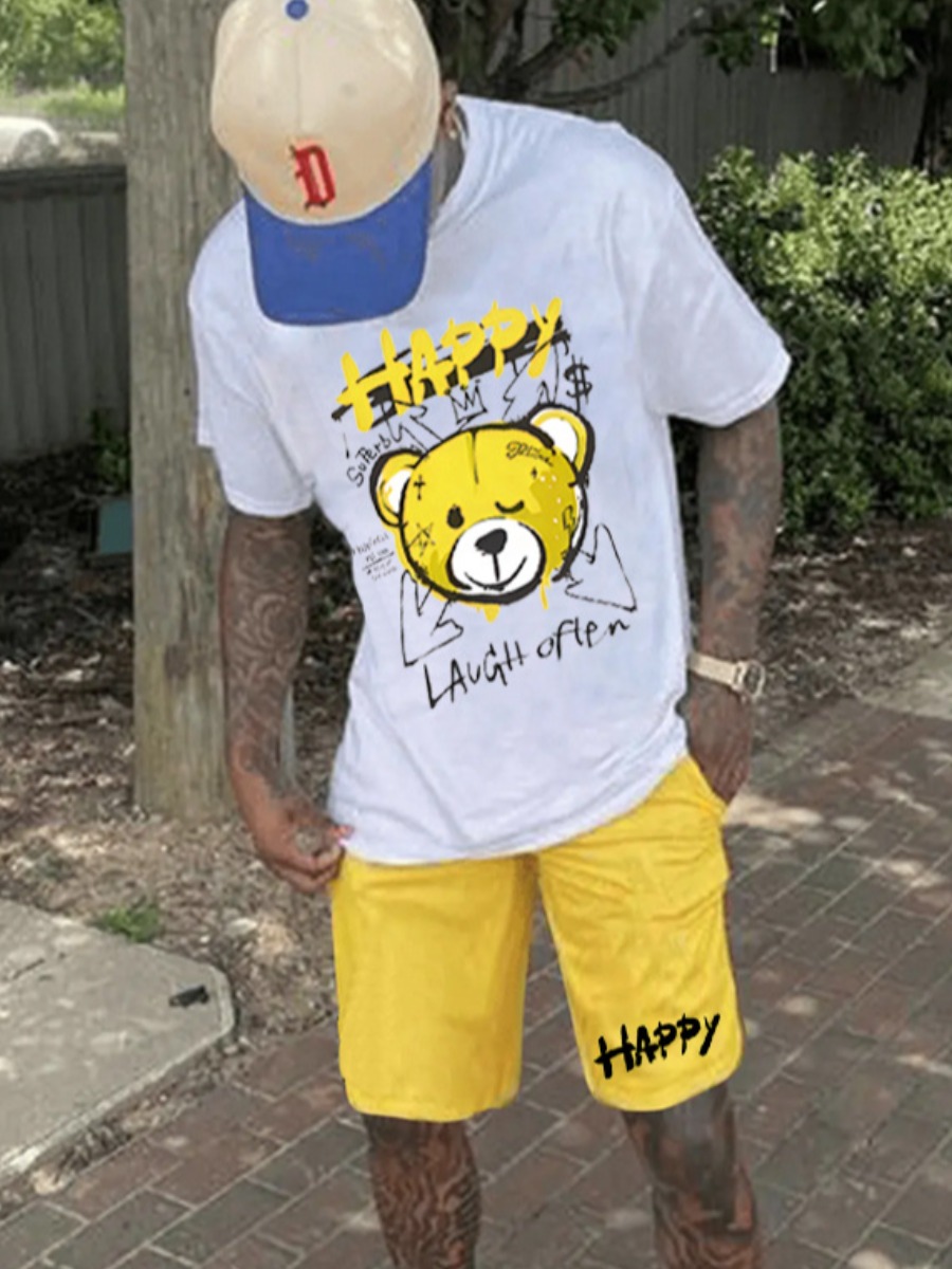 LovelyWholesale Men Cartoon Letter Print Shorts Set Summer Short Sleeve Casual Pattern Round Neck Spring Summer 2024