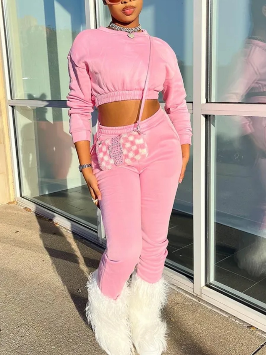 LovelyWholesale BASICS Crop Top Regular Fit Pants Set Fall Long Sleeve Casual Crop Top Round Neck Spring Summer 2024