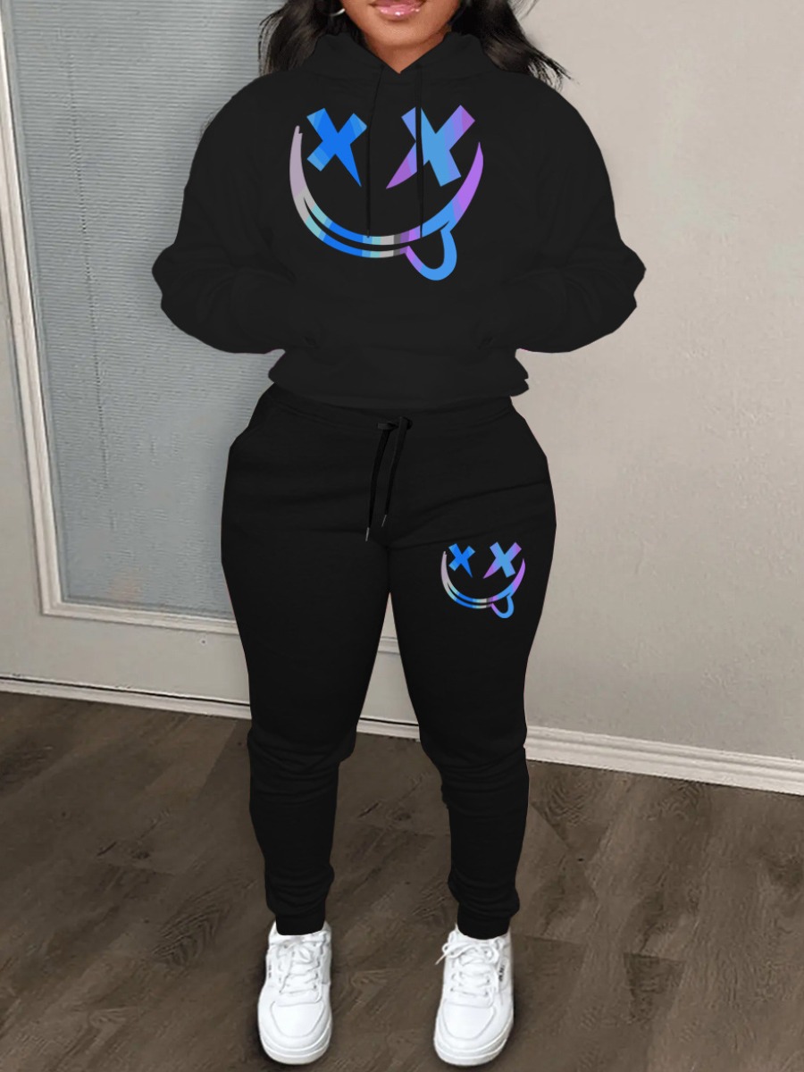 LovelyWholesale Gradient Kangaroo Pocket Tracksuit Set Fall Long Sleeve Street Graffiti Element Hooded Collar Spring Summer 2024