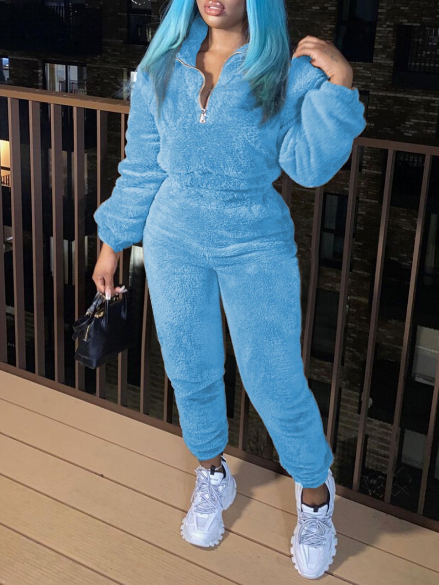 LovelyWholesale BASICS Zipper Design Teddy Pants Set Fall Long Sleeve Casual Zipper Design Turndown Collar Spring Summer 2024