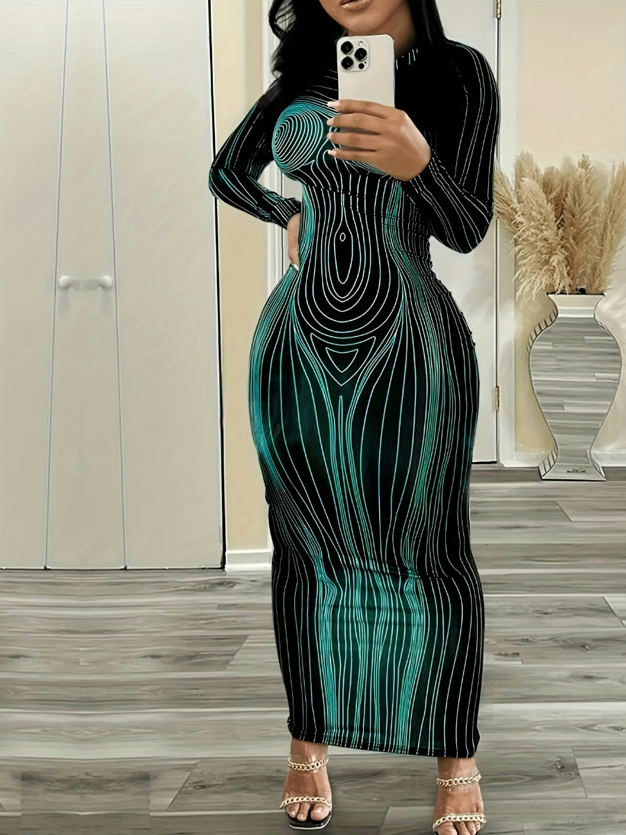 LovelyWholesale SXY Plus Size Body Print Striped Bodycon Dress Fall Long Sleeve Sxy Basic Round Neck  5X Spring Summer 2024