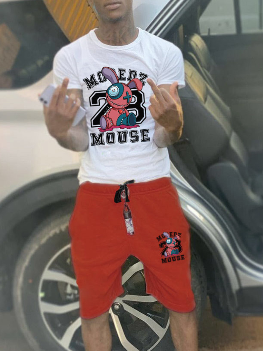 LovelyWholesale Men Letter Cartoon Print Shorts Set Summer Short Sleeve Casual Pattern Round Neck Spring Summer 2024