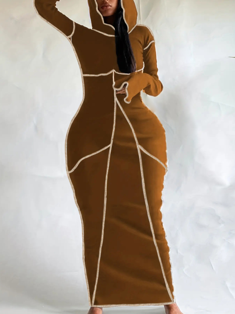 LovelyWholesale Plus Size Hooded Collar Line Stitching Flared Bodycon Dress Fall Long Sleeve Casual Solid Color Hooded Collar  4X Spring Summer 2024