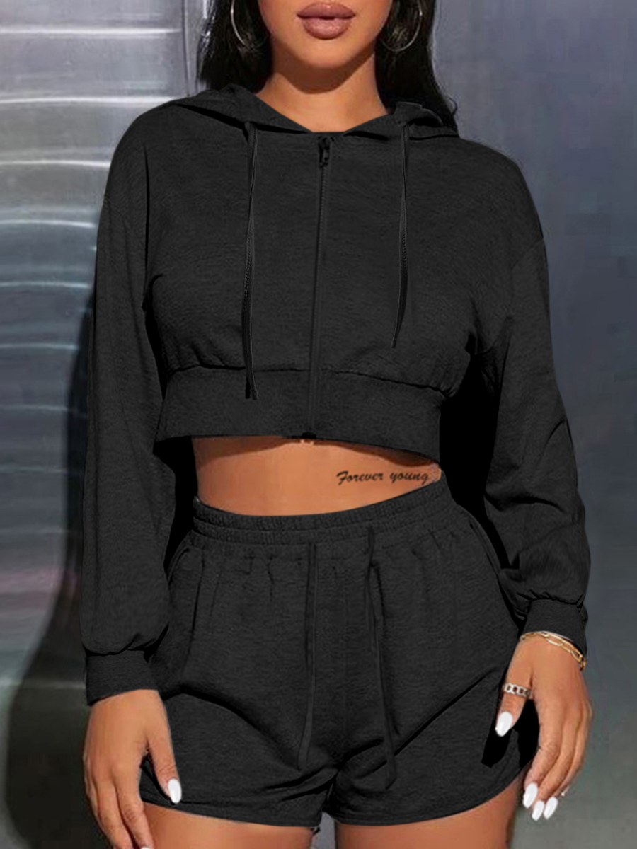 LovelyWholesale Hooded Collar Zipper Design Short Set Spring|Fall Casual Hooded Collar Spring Summer 2024