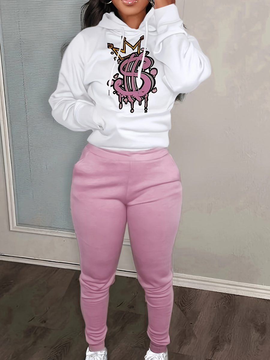 LW Crown Letter Print Kangaroo Pocket Tracksuit Set