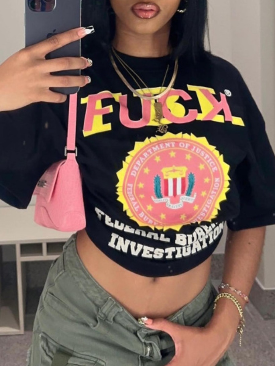 LovelyWholesale Letter Print Patchwork T-shirt Summer Short Sleeve Street None Round Neck Spring Summer 2024