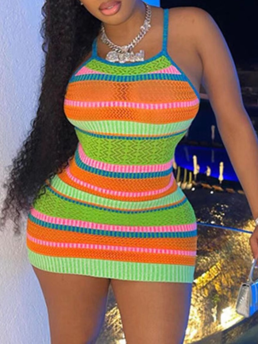 LovelyWholesale Striped Patchwork Mesh Bodycon Dress Summer Sleeveless Vacation Wrap U Neck Spring Summer 2024