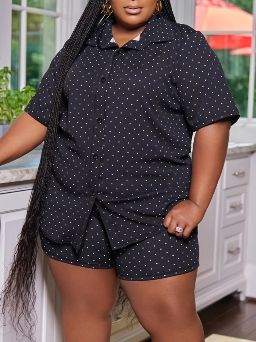 LovelyWholesale Plus Size Turndown Collar Dot Print Shorts Set Summer Short Sleeve Casual Pattern Turndown Collar  5X Spring Summer 2024
