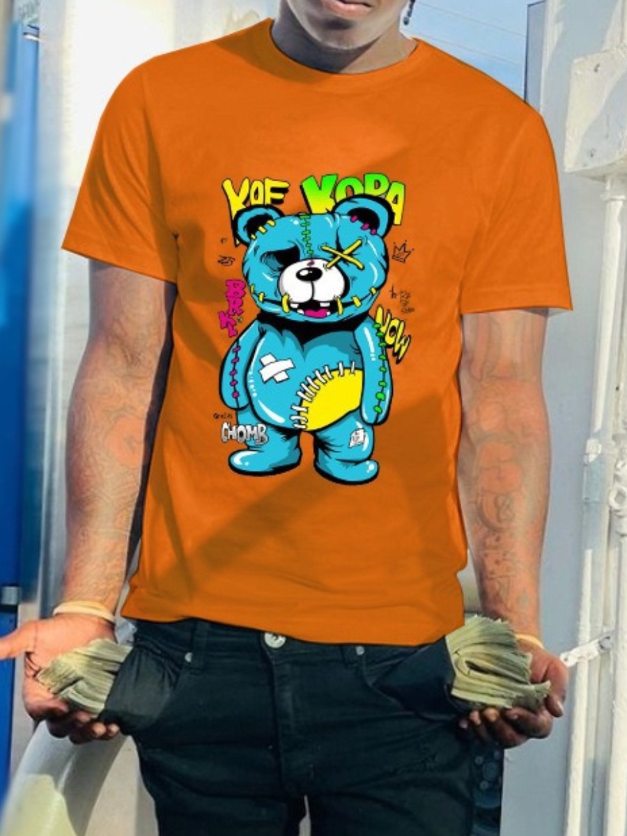 LovelyWholesale Men Letter Cartoon Print T-shirt Summer Short Sleeve Casual Pattern Round Neck Spring Summer 2024