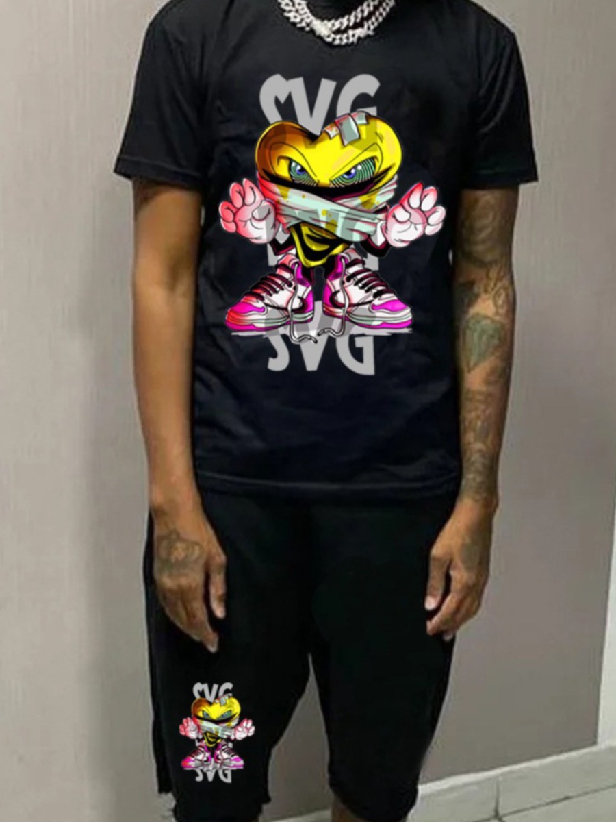 LovelyWholesale Men Letter Cartoon Print Shorts Set Summer Short Sleeve Casual Pattern Round Neck Spring Summer 2024