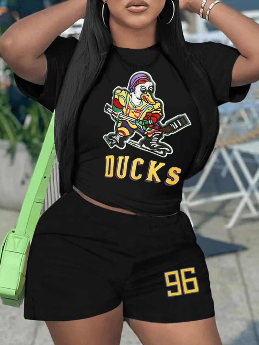 LovelyWholesale Plus Size Cartoon Letter Print Shorts Set Summer Short Sleeve Sporty Pattern Round Neck  5X Spring Summer 2024