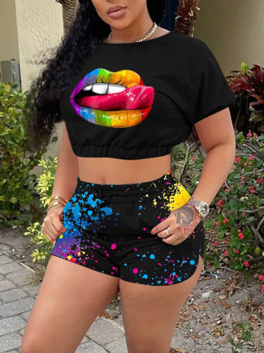 LW Crop Top Splash Ink Lip Print Shorts Set