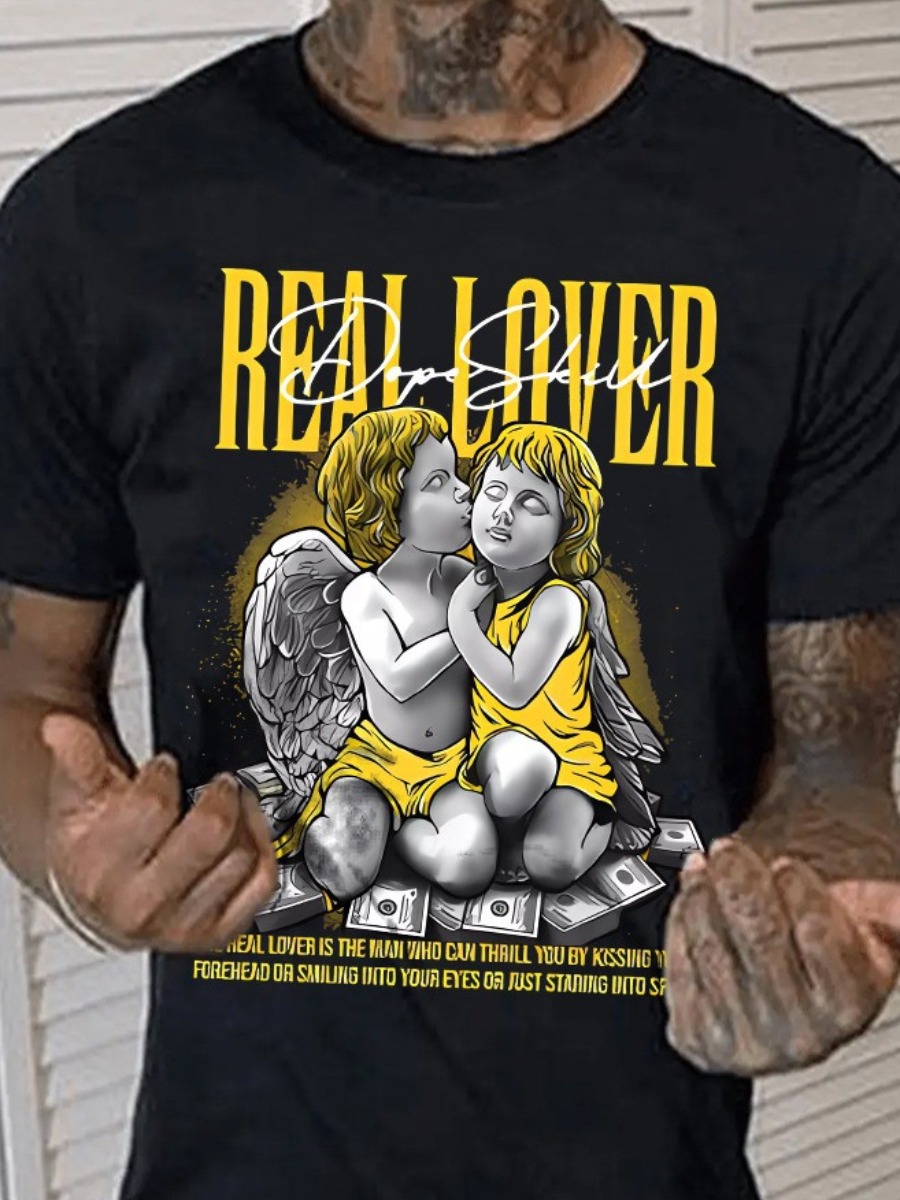 LovelyWholesale BASICS Men Money Figure Letter Print T-shirt Summer Short Sleeve Casual Pattern Round Neck Spring Summer 2024