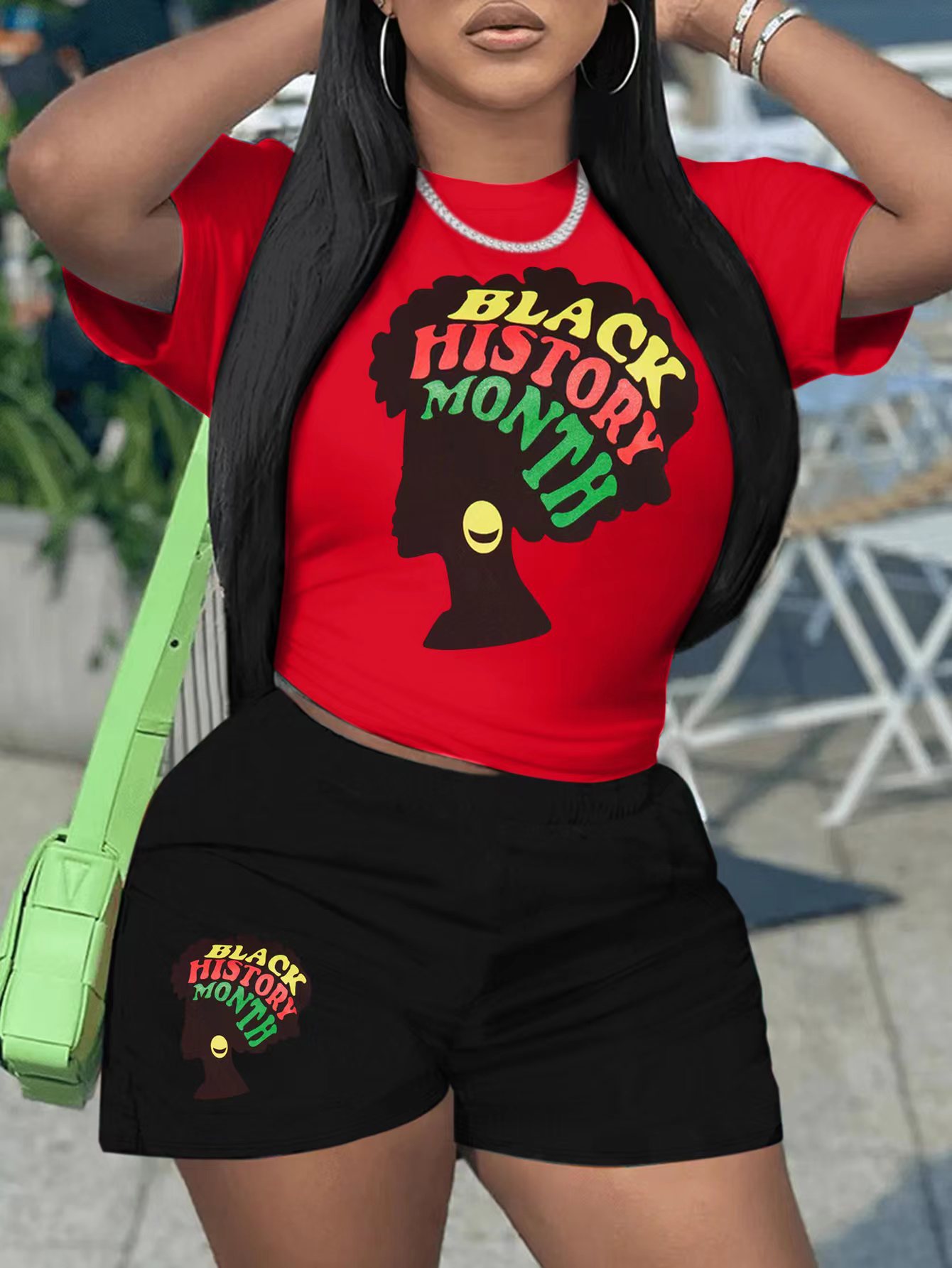 LovelyWholesale Plus Size Figure Letter Shorts Set Summer Short Sleeve Casual Pattern Round Neck  5X Spring Summer 2024