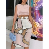 LW Plus Size Chain Print Drawstring Slit Skirt Set