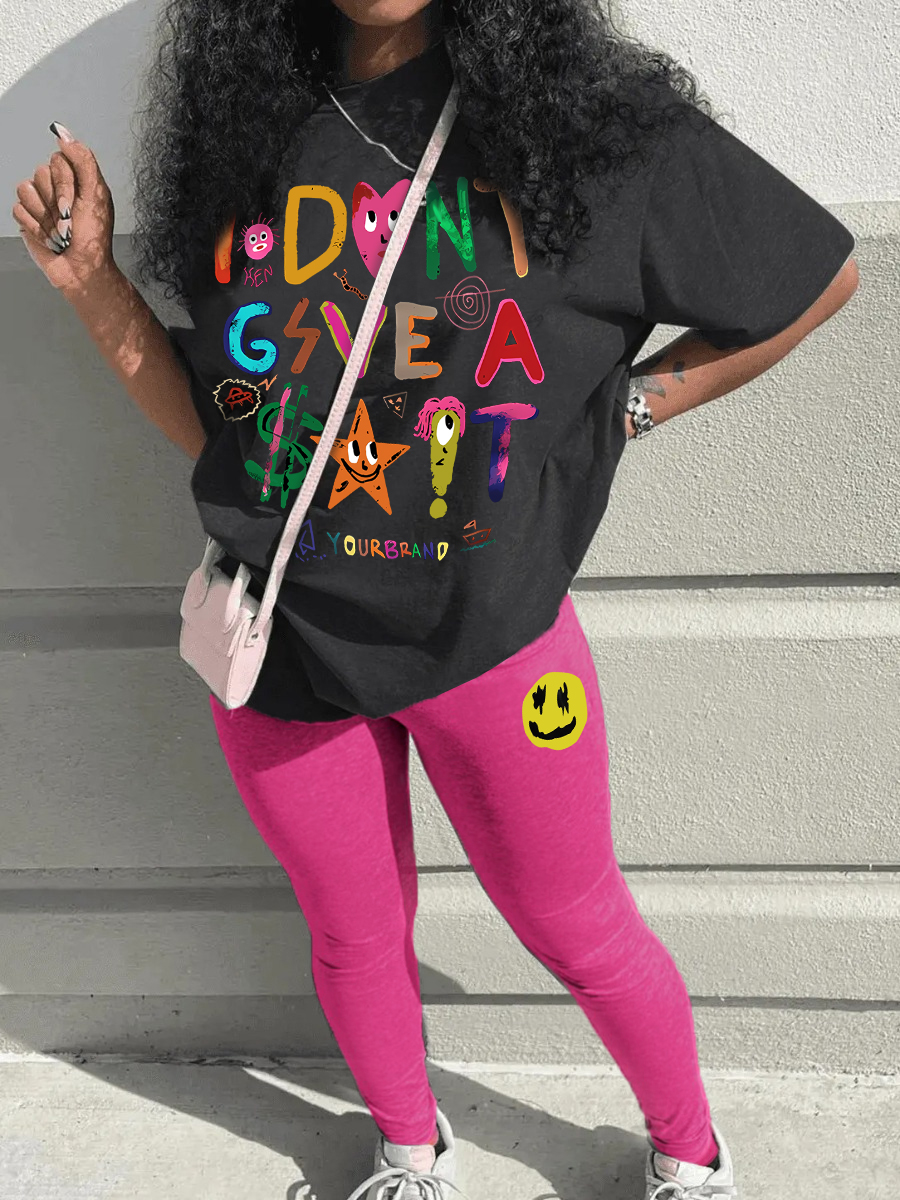 LovelyWholesale Graffiti Cartoon Letter Print Pants Set Spring Short Sleeve Casual None Round Neck Spring Summer 2024