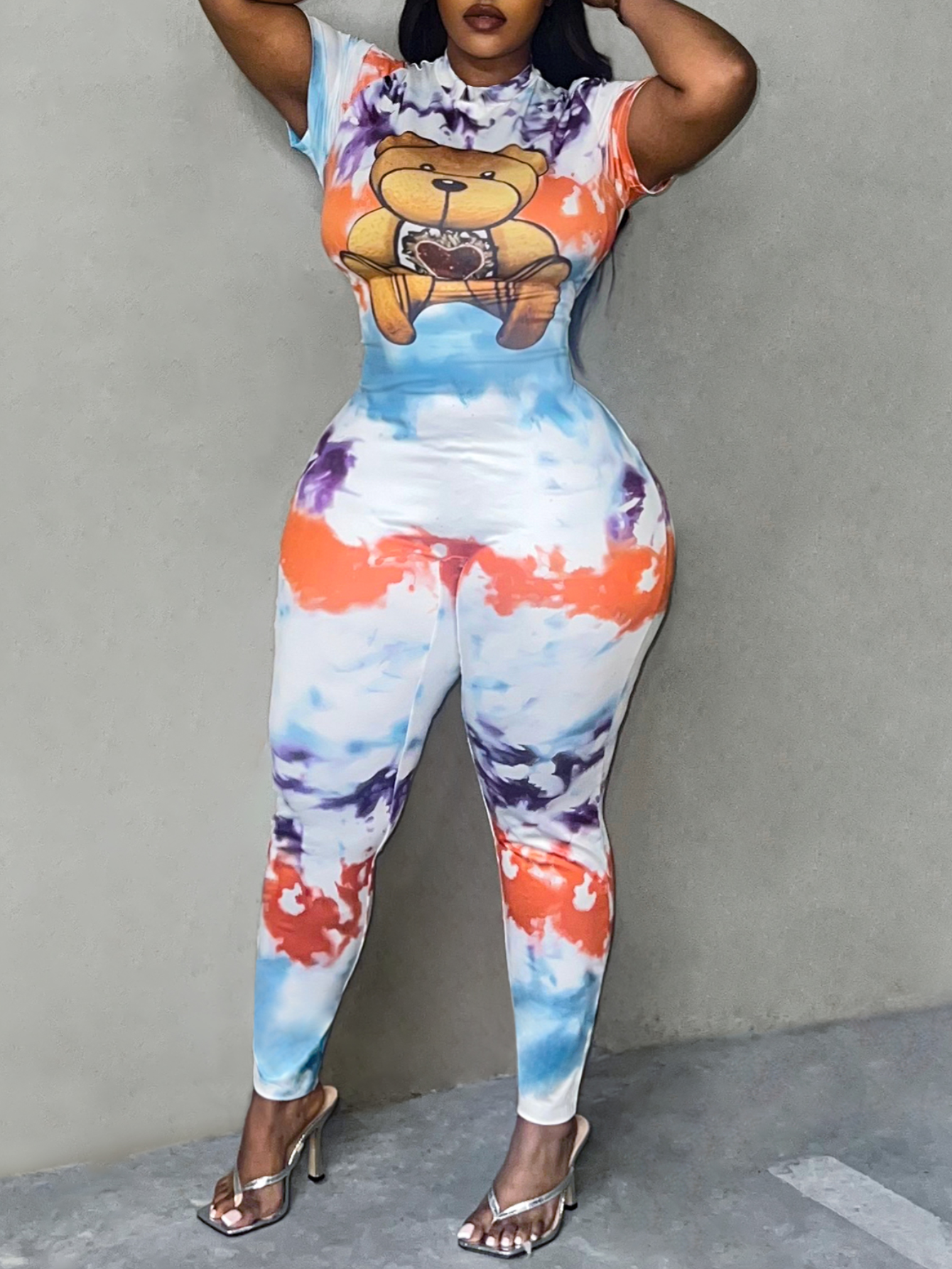 LW Plus Size Teddy Bear Print Tie Dye Jumpsuit 3X