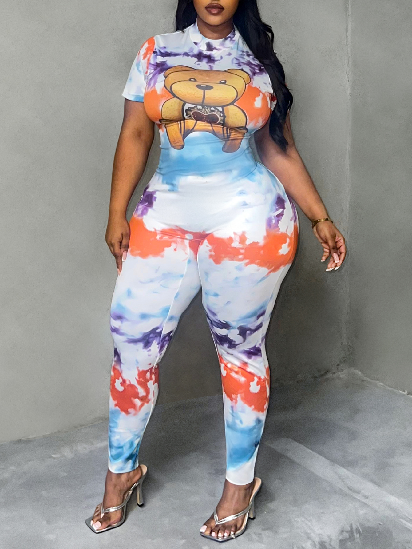 LW Plus Size Teddy Bear Print Tie Dye Jumpsuit 3X