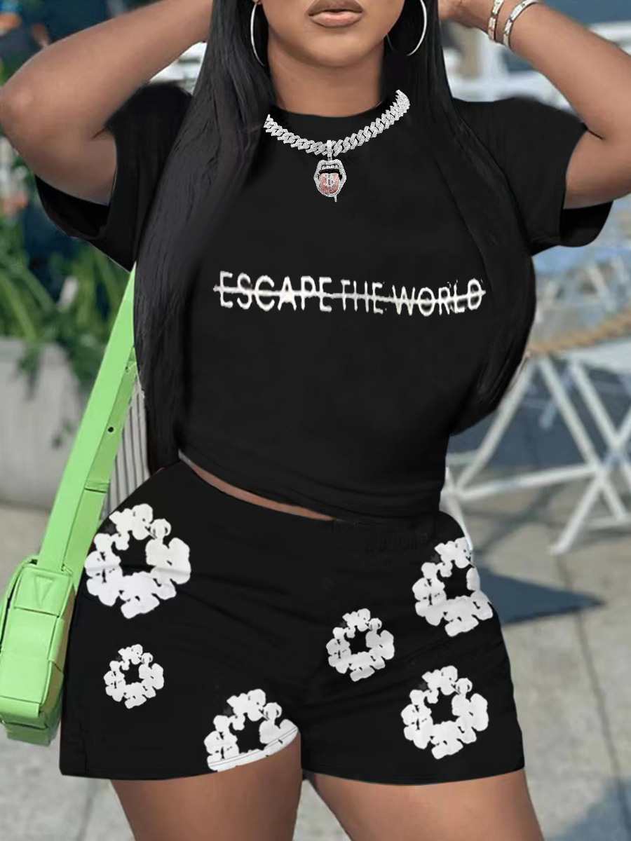 LovelyWholesale Floral Letter Print Shorts Set Summer Short Sleeve Casual Pattern Round Neck Spring Summer 2024