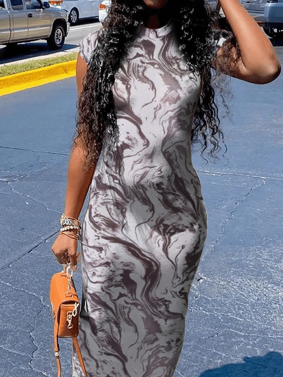 LovelyWholesale Mixed Print Zipper Design Bodycon Dress Summer Short Sleeve Casual None Mock Neck Spring Summer 2024