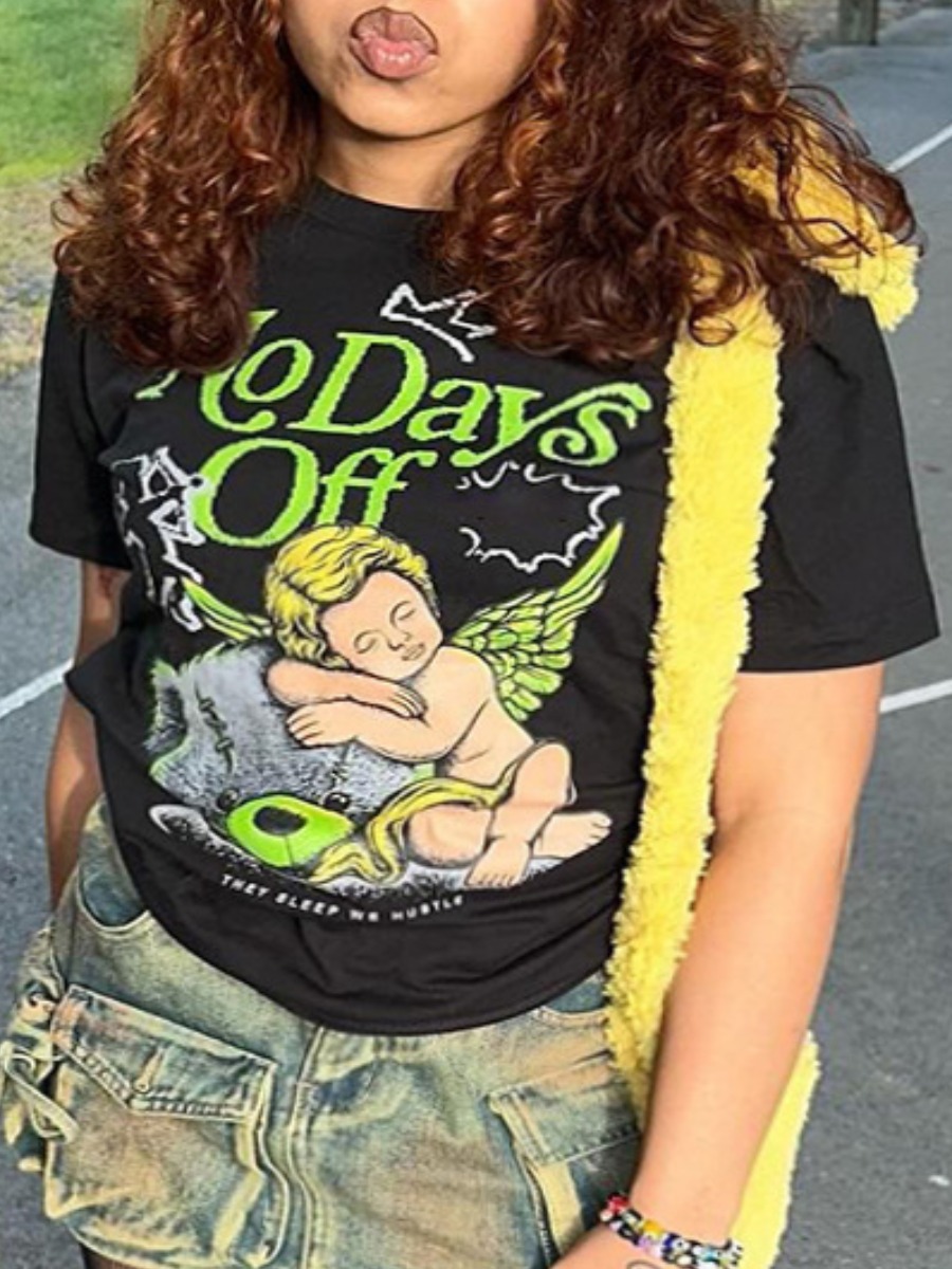 LovelyWholesale Figure Letter Print T-shirt Summer Short Sleeve Street None Round Neck Spring Summer 2024