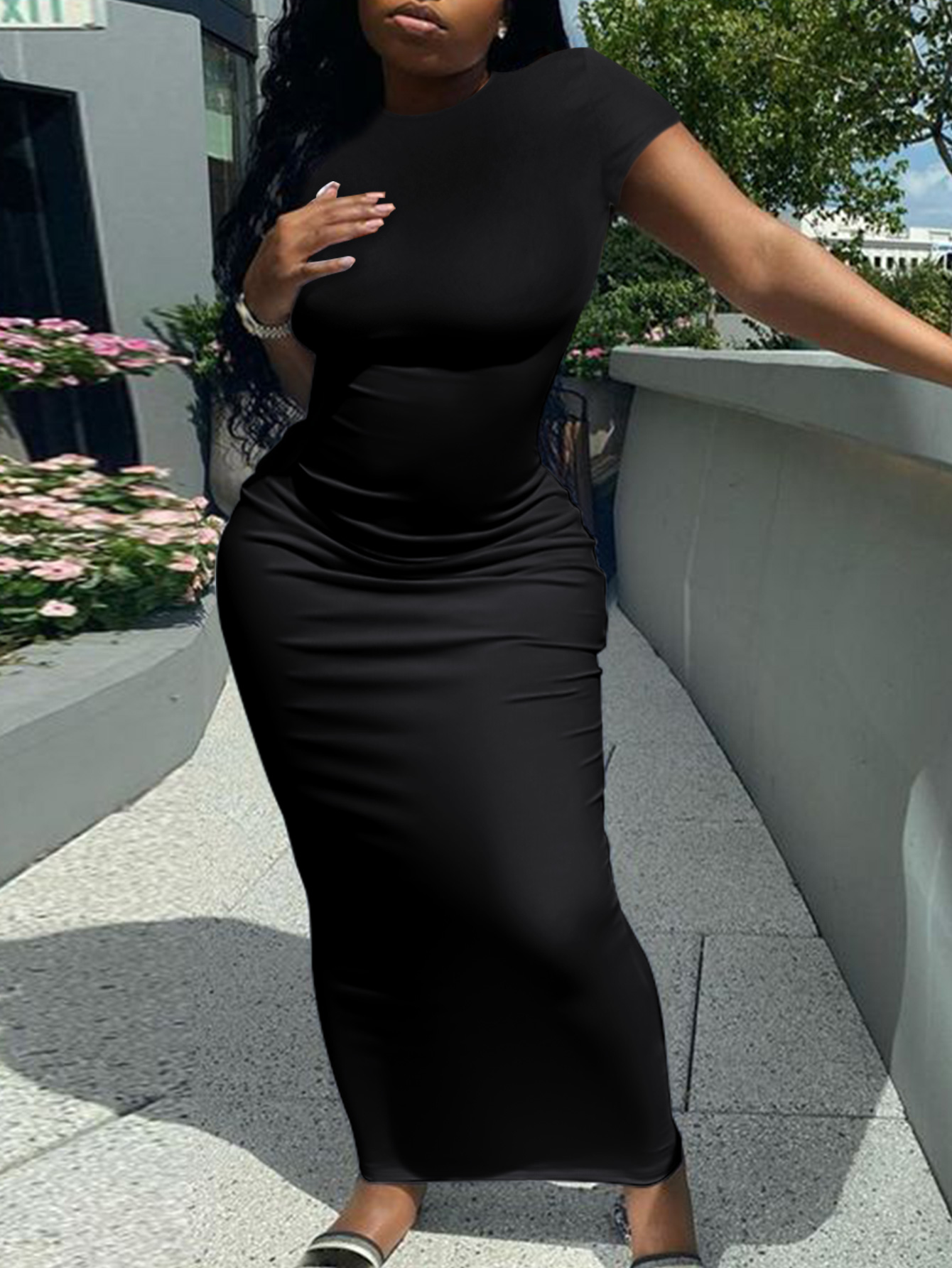 LovelyWholesale BASICS Round Neck Bodycon Dress Summer Short Sleeve Casual None Round Neck Spring Summer 2024