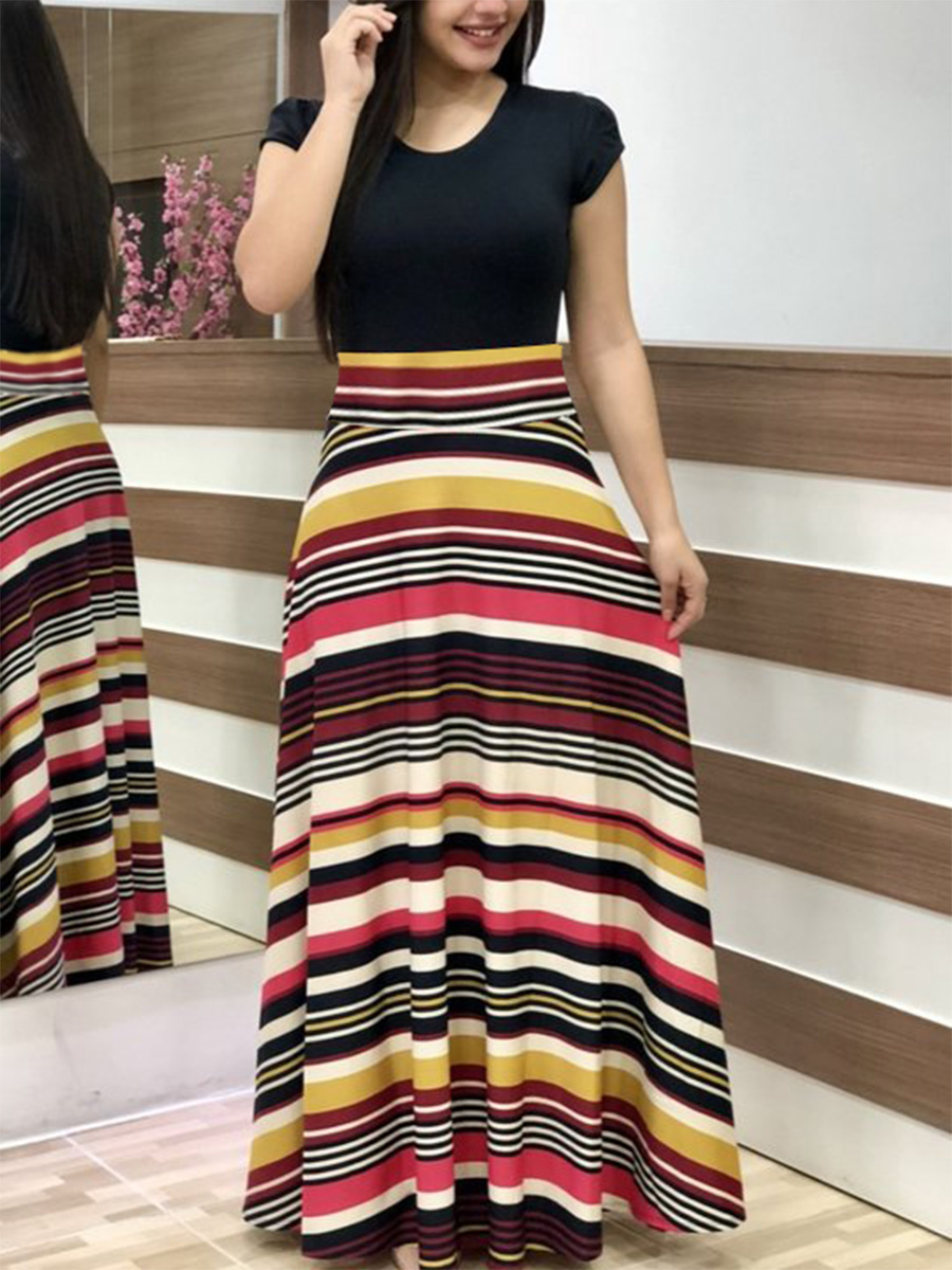 LovelyWholesale Plus Size Striped A Line Dress Summer Short Sleeve Vacation None Round Neck  5X Spring Summer 2024