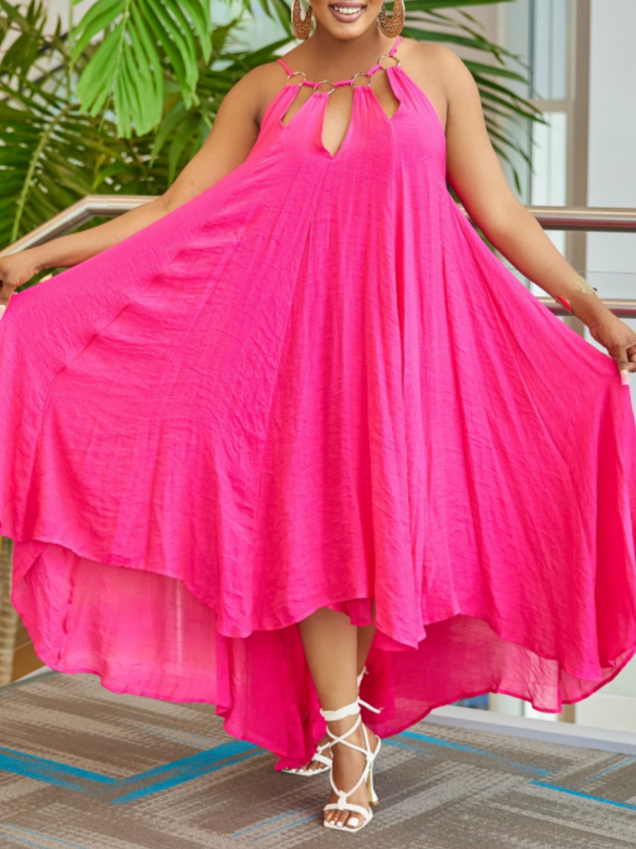 LovelyWholesale Plus Size Metal Ring Decor Cut Out A Line Dress Summer Sleeveless Vacation Cut Out Round Neck  3X Spring Summer 2024