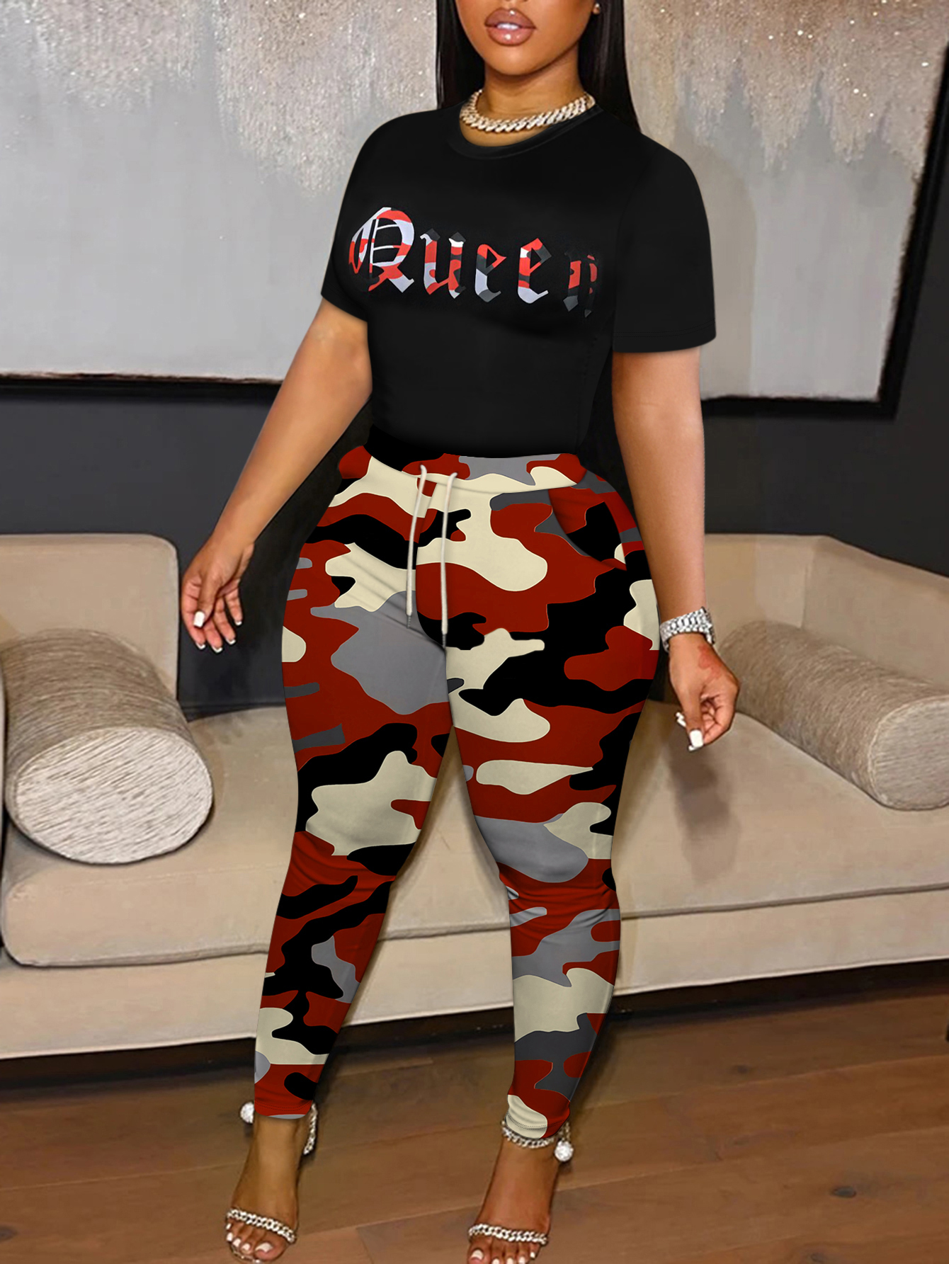 LW BASICS Plus Size Camo Queen Letter Print Pants Set 3X