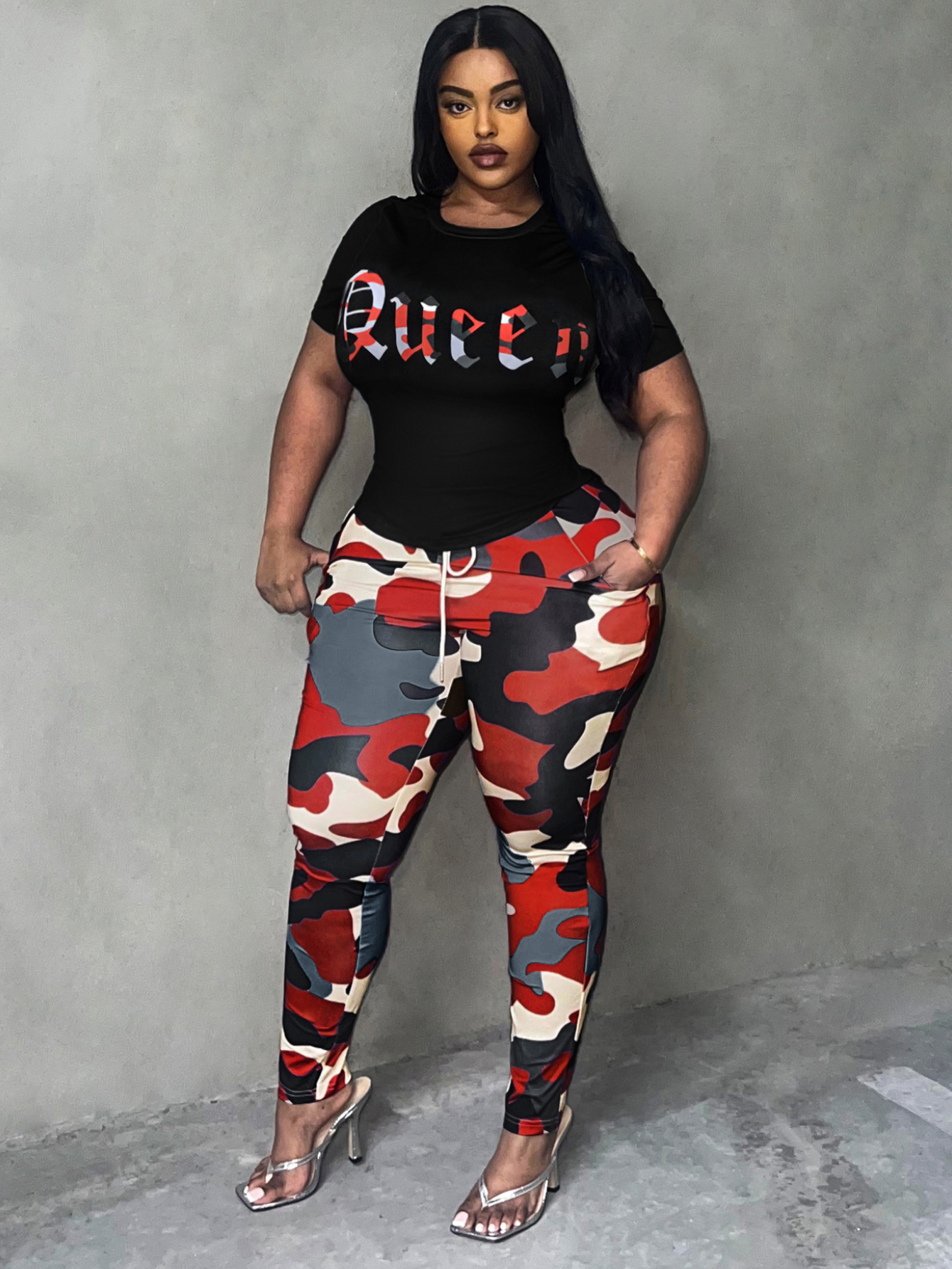 LW BASICS Plus Size Camo Queen Letter Print Pants Set 3X