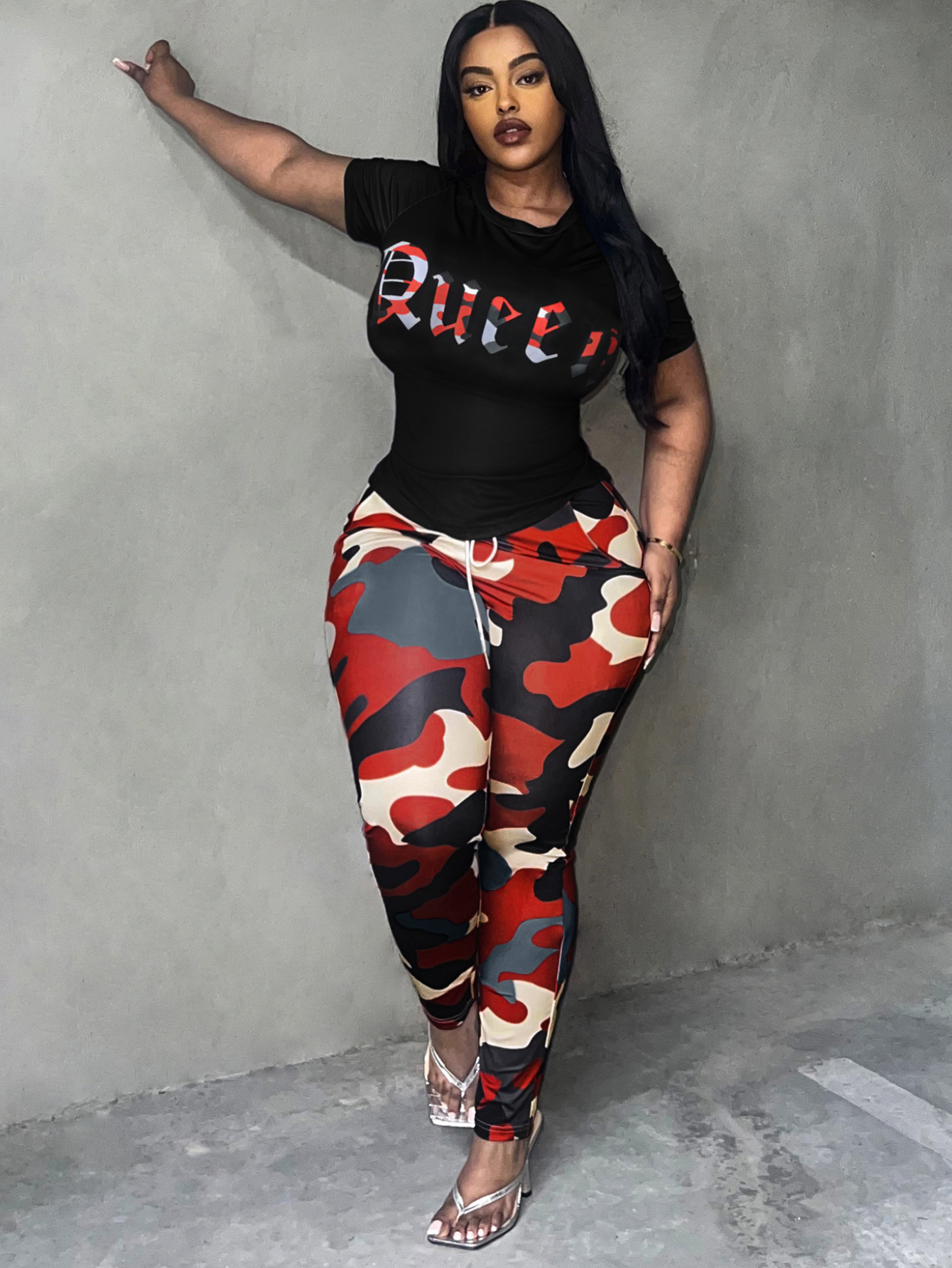 LW BASICS Plus Size Camo Queen Letter Print Pants Set 3X