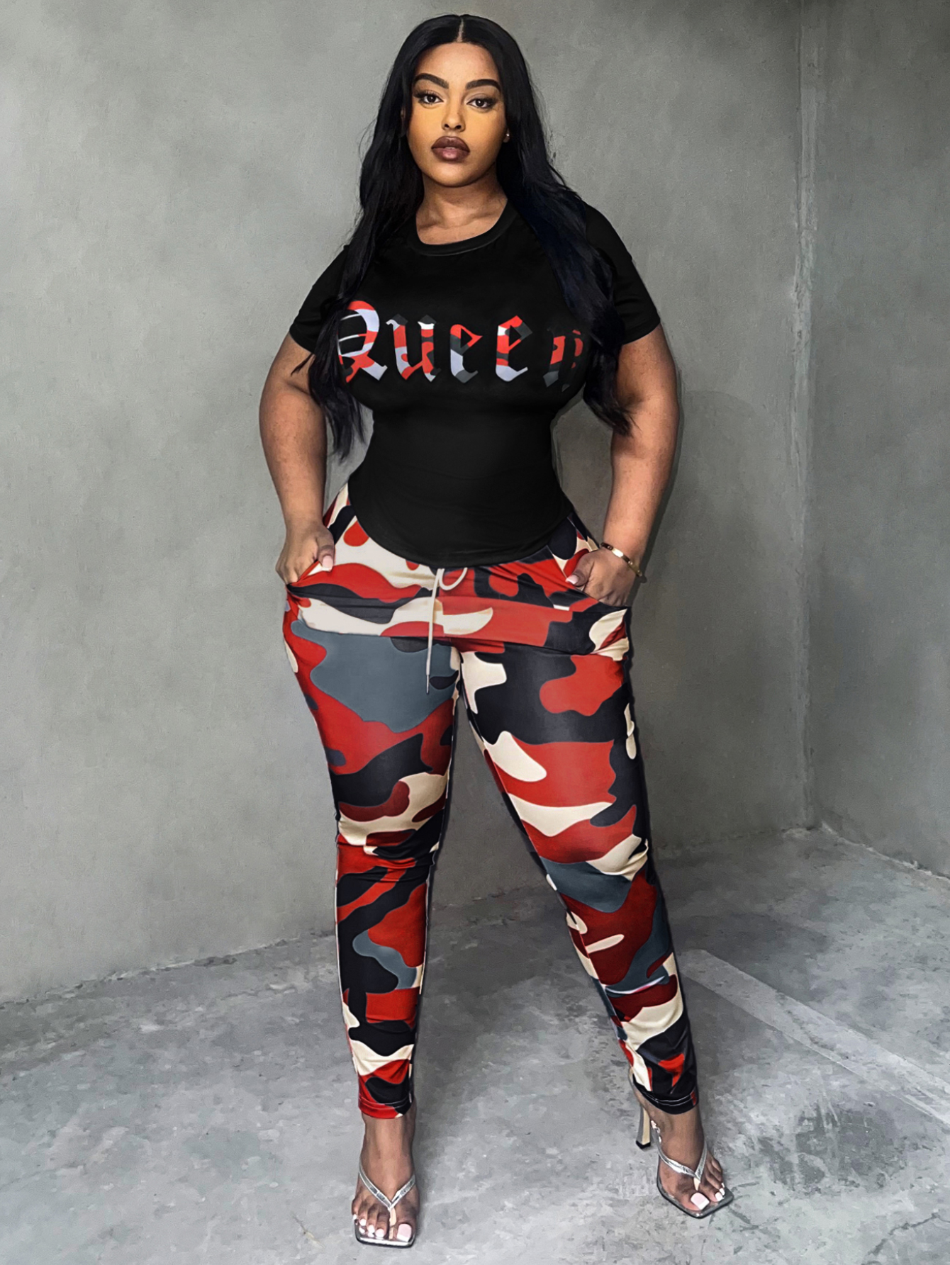 LW BASICS Plus Size Camo Queen Letter Print Pants Set 3X