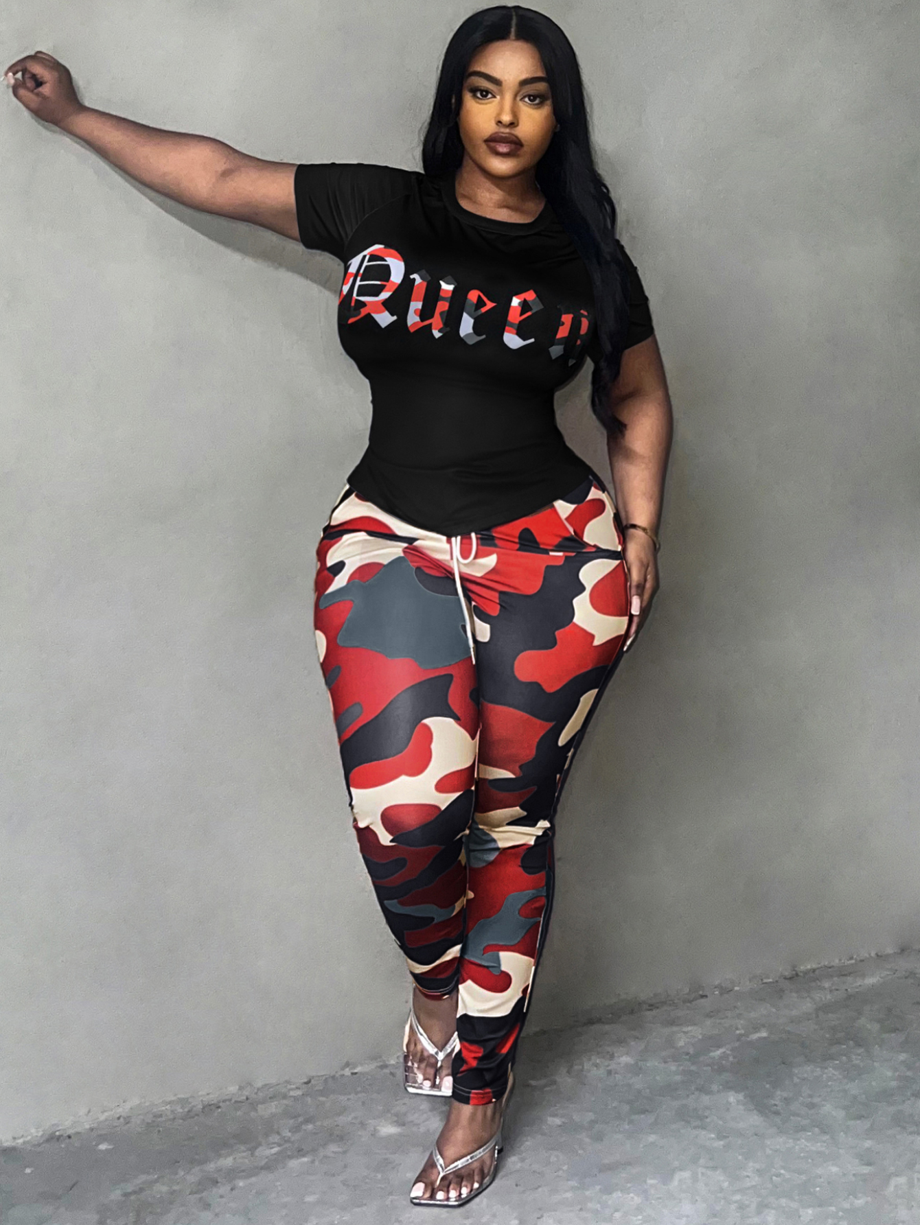 LW BASICS Plus Size Camo Queen Letter Print Pants Set 3X